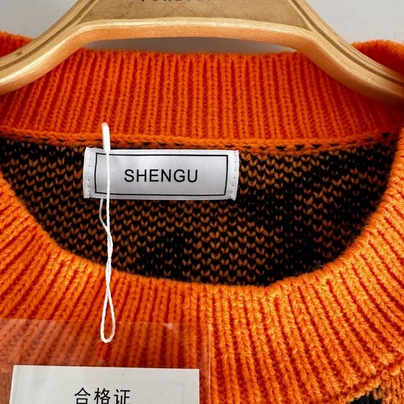 Shengu Polar Bear Crewneck Sweater Orange Back White Kawaii Oversized Knit Funky - Picture 2 of 13